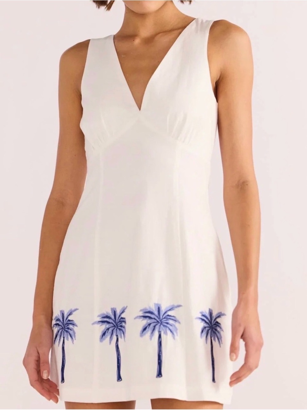 MINKPINK White Sleeveless V-Neck Mini Dress with Blue Palm Embroidery